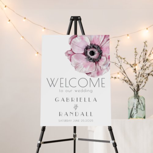 Modern Pink Watercolor Floral Gray Wedding Welcome Foam Board