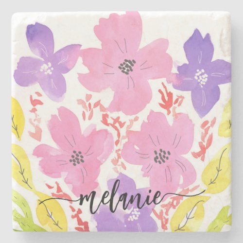 Modern Pink Watercolor Floral Stone Coaster