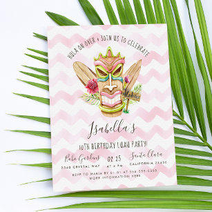 Modern Pink Watercolor Floral Tiki Luau Party Invitation Postcard