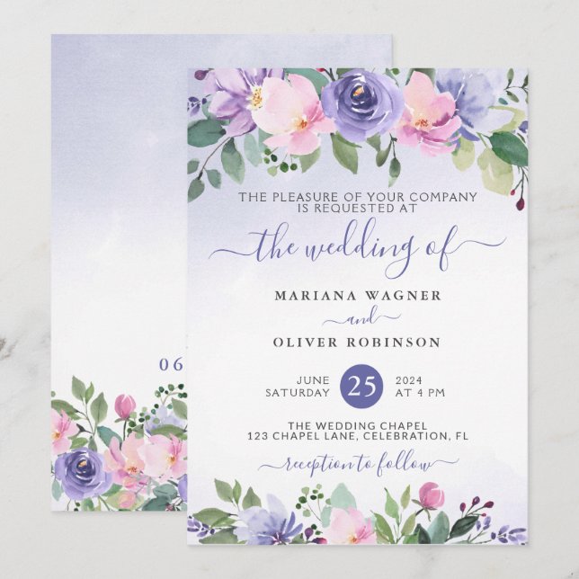 Modern Pink Watercolor Floral Wedding Invitation (Front/Back)