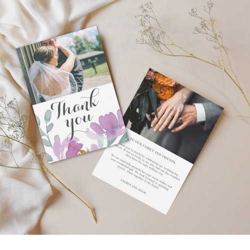 Modern Pink Watercolor Floral Wedding  Thank You Card
