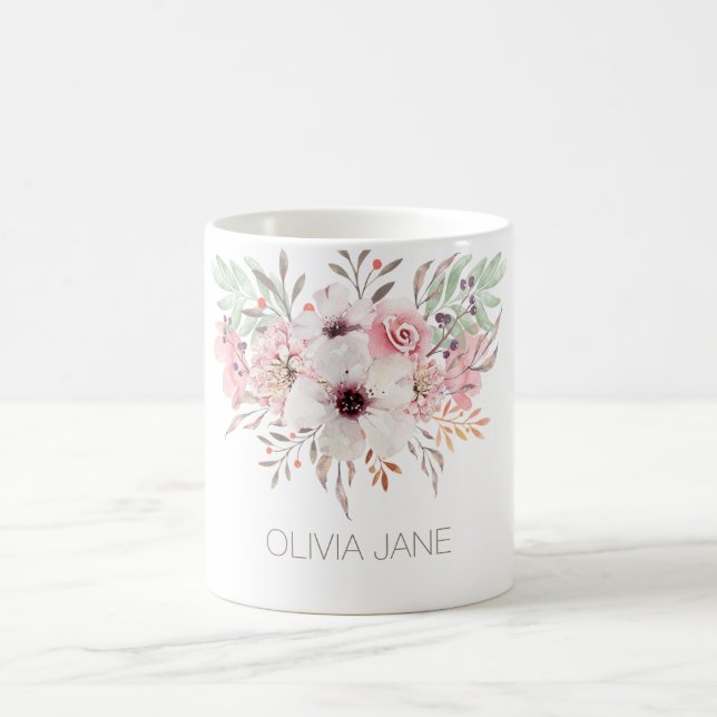 Modern Pink Watercolor Floral White Mug (Center)