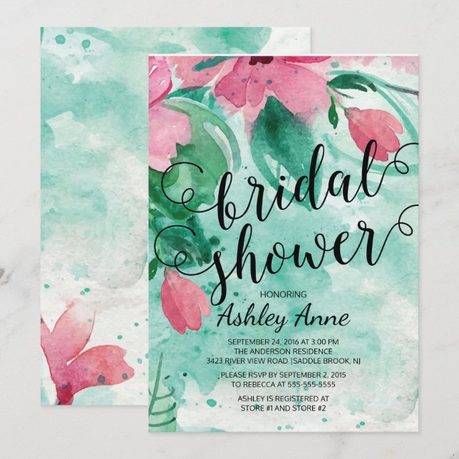 Modern Pink Watercolor Flowers Bridal Shower Invitation (Front/Back)