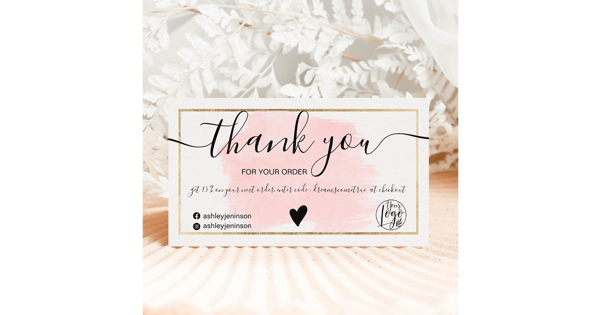 Modern pink watercolor gold foil order thank you business card | Zazzle