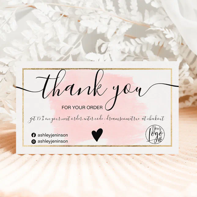 Modern pink watercolor gold foil order thank you business card | Zazzle