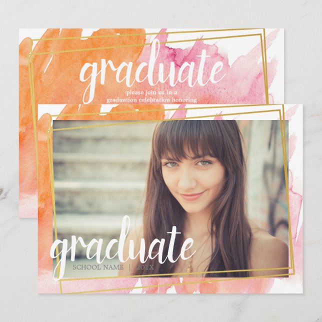 Modern Pink Watercolor Graduate Invitations (Front/Back)