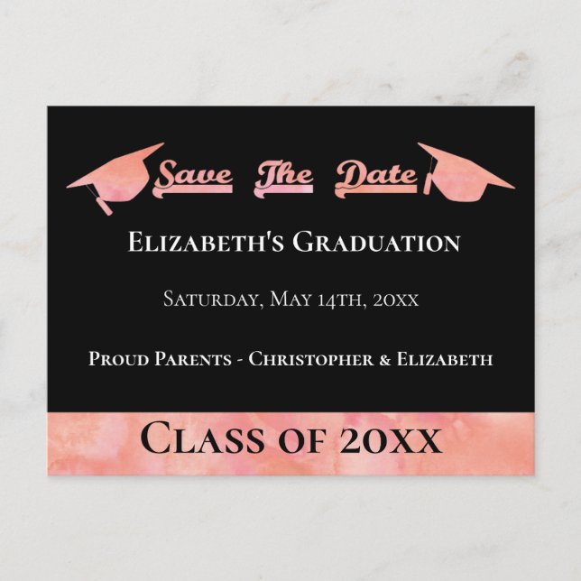 Modern Pink Watercolor Graduation Save The Date Announcement Postcard (Front)