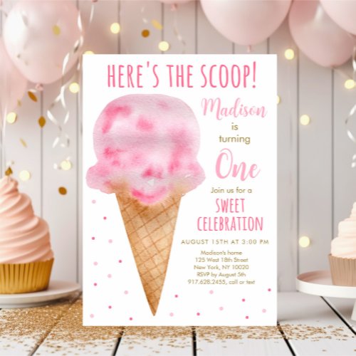 Modern Pink Watercolor Ice Cream Birthday Invitation