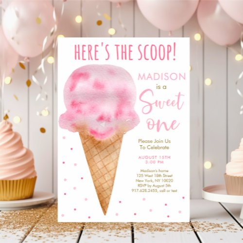 Modern Pink Watercolor Ice Cream First Birthday Invitation