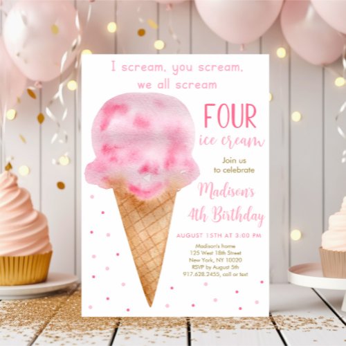 Modern Pink Watercolor Ice Cream Fourth Birthday Invitation