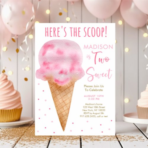 Modern Pink Watercolor Ice Cream Second Birthday Invitation