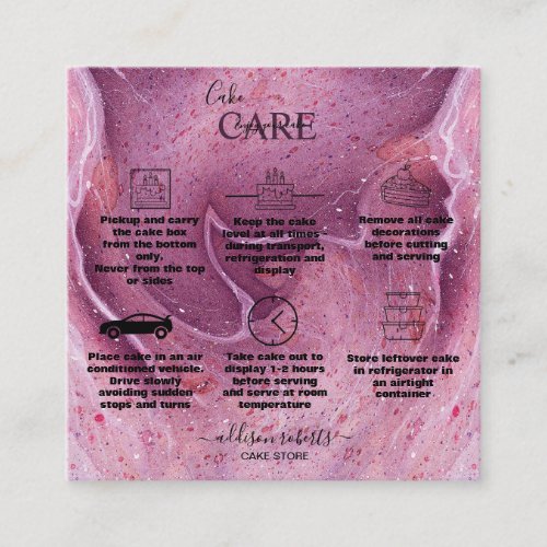 Modern Pink Watercolor Ink  Cake Care  Square Business Card