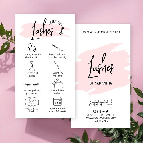 Modern Pink Watercolor Lash Extensions Aftercare Business Card