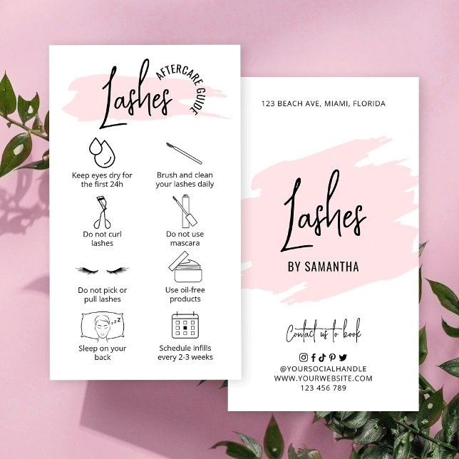 Modern Pink Watercolor Lash Extensions Aftercare Business Card (Fully editable lash extensions aftercare cards with editable pink watercolor background)