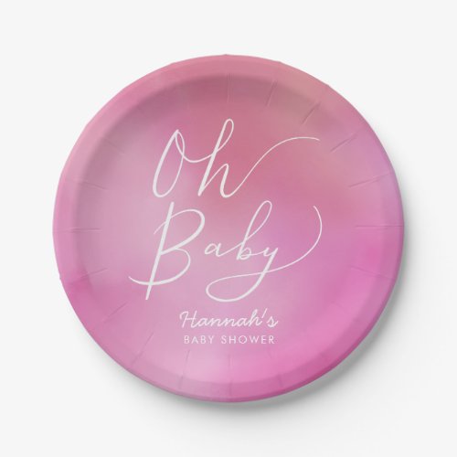 Modern Pink Watercolor Ombre Baby Shower Paper Plates