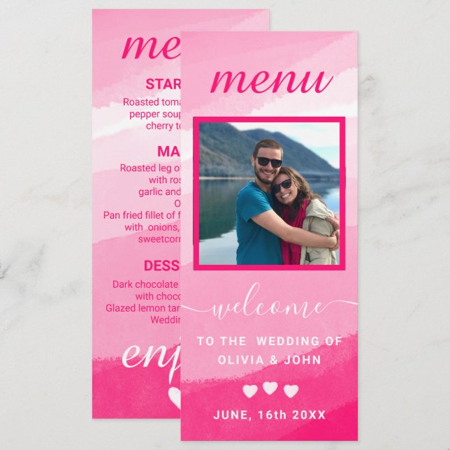 Modern Pink Watercolor photo wedding  Menu (Front/Back)