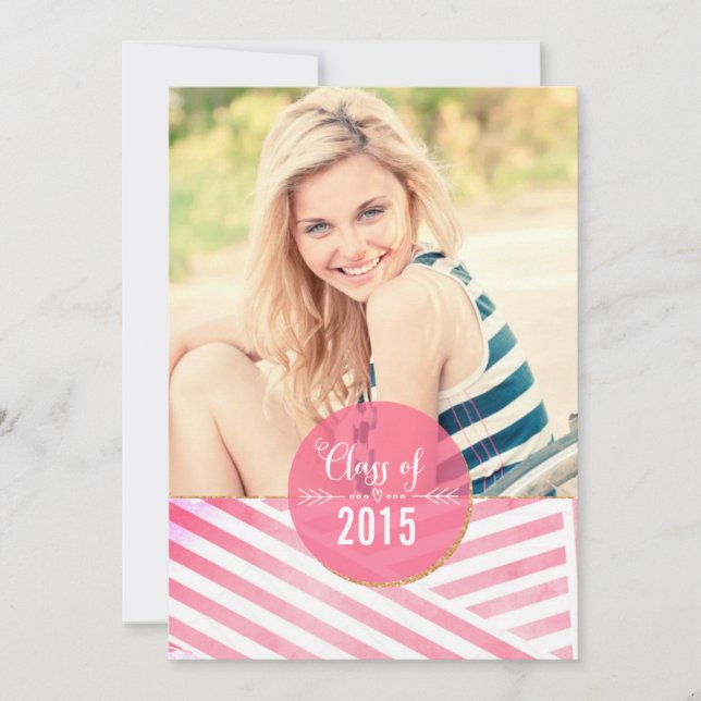 Modern Pink Watercolor Stripes Photo Graduation Invitation (Front)