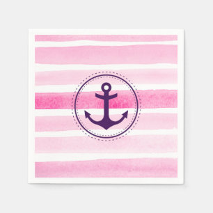 Modern Pink Watercolor Stripes Purple Anchor Napkins