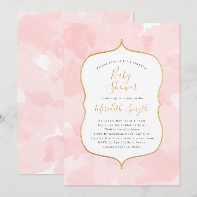 Modern Pink Watercolor surprise baby shower Invitation (Front/Back)