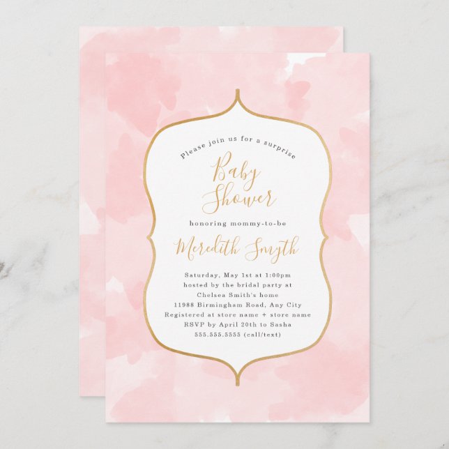 Modern Pink Watercolor surprise baby shower Invitation (Front/Back)