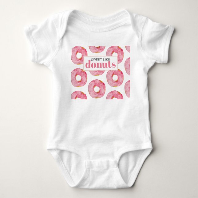 Modern Pink Watercolor Sweet Like Donuts Quote Baby Bodysuit (Front)