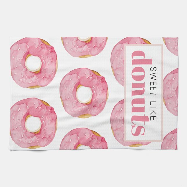 Modern Pink Watercolor Sweet Like Donuts Quote Kitchen Towel (Horizontal)