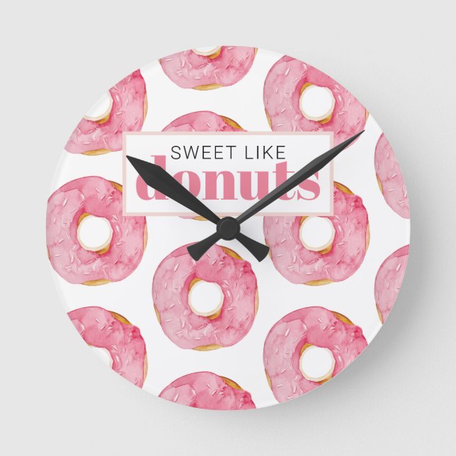 Modern Pink Watercolor Sweet Like Donuts Quote Round Clock (Front)