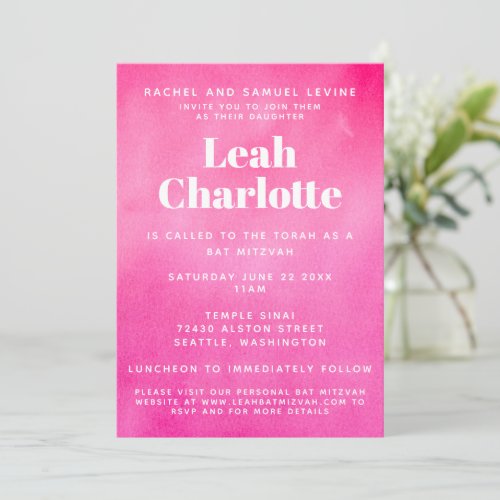 Modern Pink Watercolor Trendy Budget Bat Mitzvah Invitation