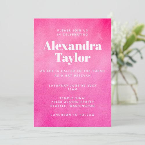 Modern Pink Watercolor Trendy Chic Bat Mitzvah Invitation