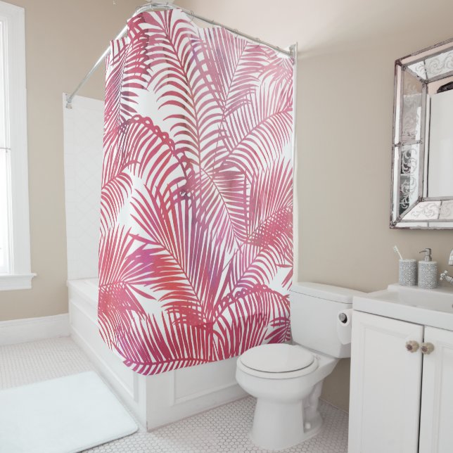 Modern pink  watercolor tropical palm tree leaves  shower curtain (In Situ)