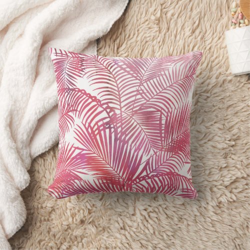 Modern pink  watercolor tropical palm tree leaves throw pillow