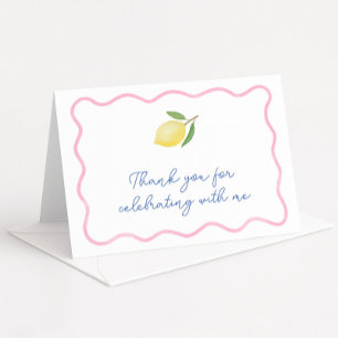 Modern Pink Wavy Border Lemon Baby Shower Letterpress Thank You Card