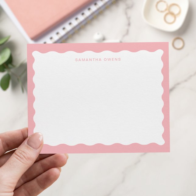 Modern Pink Wavy Border Monogram Note Card (Creator Uploaded)