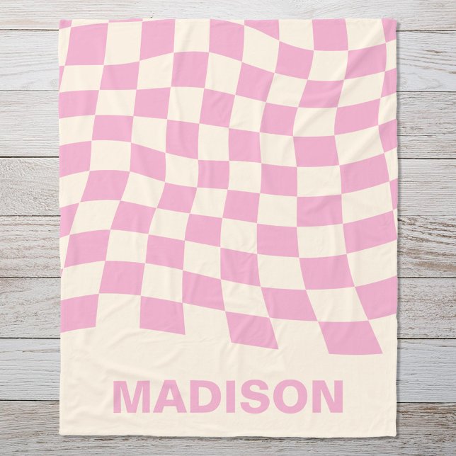 Modern Pink Wavy Checkered Pattern Monogram Fleece Blanket (Creator Uploaded)