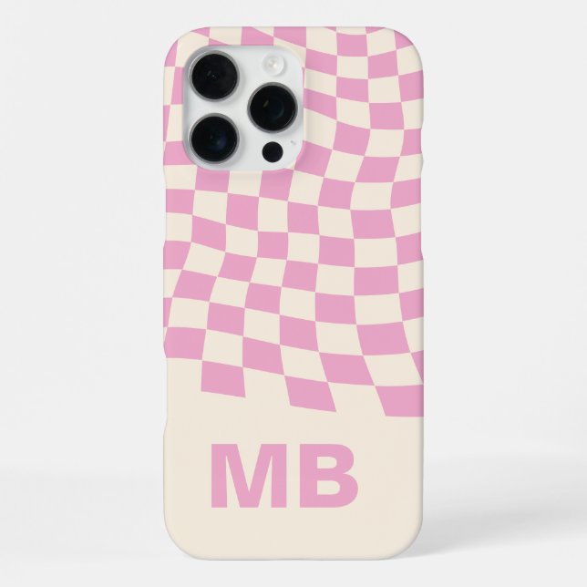 Modern Pink Wavy Checkered Pattern Monogram Iphone Case (Back)