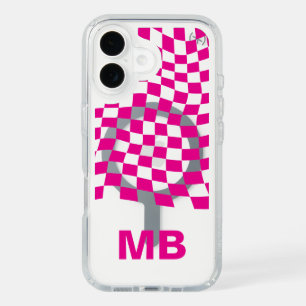 Modern Pink Wavy Checkered Pattern Monogram iPhone 16 Case