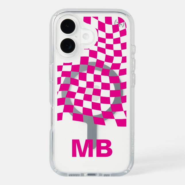 Modern Pink Wavy Checkered Pattern Monogram Speck iPhone Case (Front)