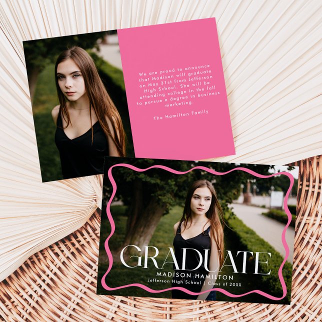 Modern Pink Wavy Frame Graduate 2 Photo Graduation Announcement (Creator Uploaded)