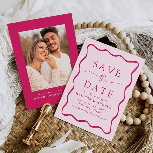 Modern Pink Wavy Frame Photo Wedding Save The Date