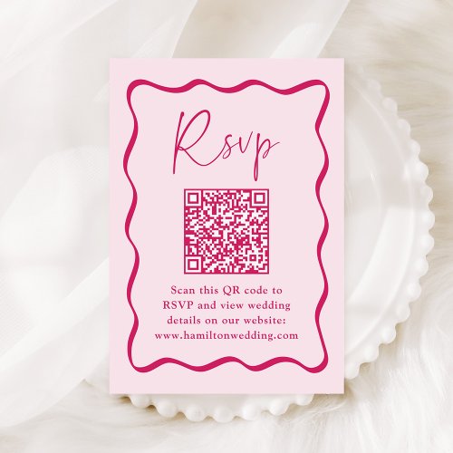 Modern Pink Wavy Frame QR Code Wedding RSVP Enclosure Card