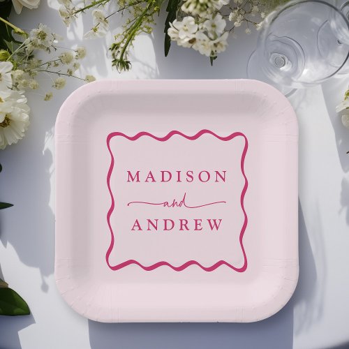 Modern Pink Wavy Frame Wedding Paper Plates