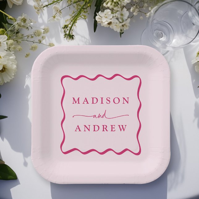 Modern Pink Wavy Frame Wedding Paper Plates (Creator Uploaded)