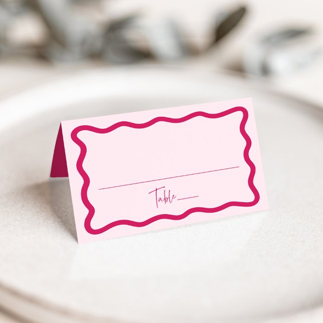 Modern Pink Wavy Frame Wedding Place Card (Creator Uploaded)