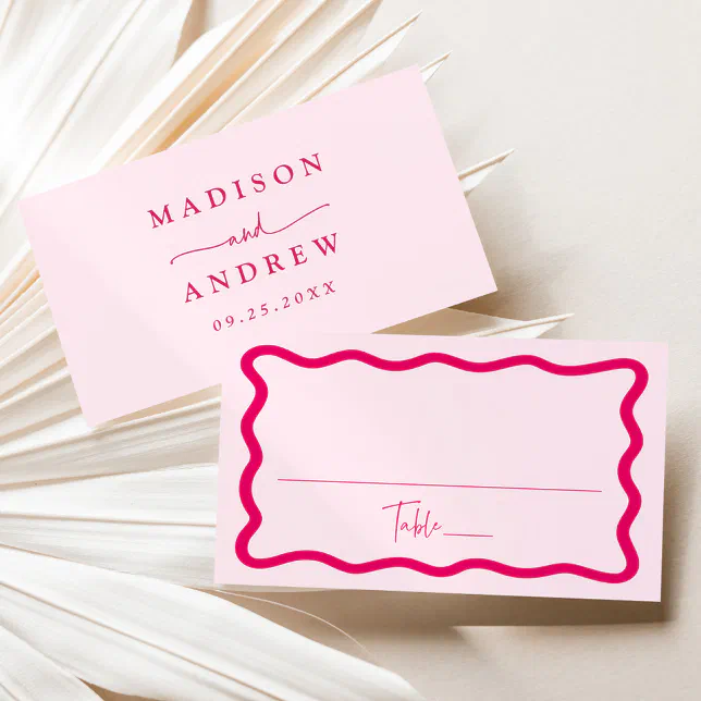Modern Pink Wavy Frame Wedding Place Card

