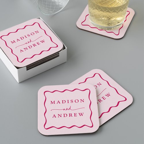 Modern Pink Wavy Frame Wedding Square Paper Coaster