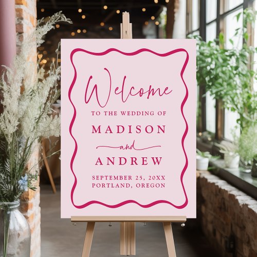 Modern Pink Wavy Frame Wedding Welcome Sign