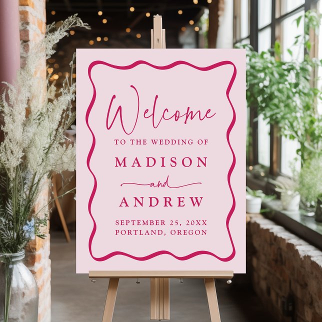 Modern Pink Wavy Frame Wedding Welcome Sign (Creator Uploaded)