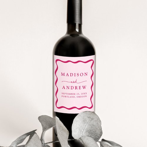 Modern Pink Wavy Frame Wedding Wine Label