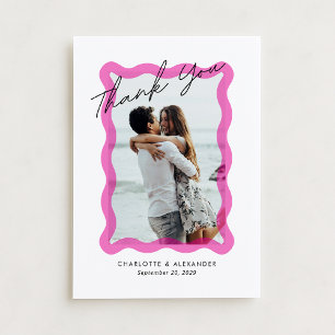 Modern Pink wavy transparent frame, photo wedding  Thank You Card