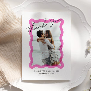 Modern Pink wavy transparent frame, photo wedding Thank You Card